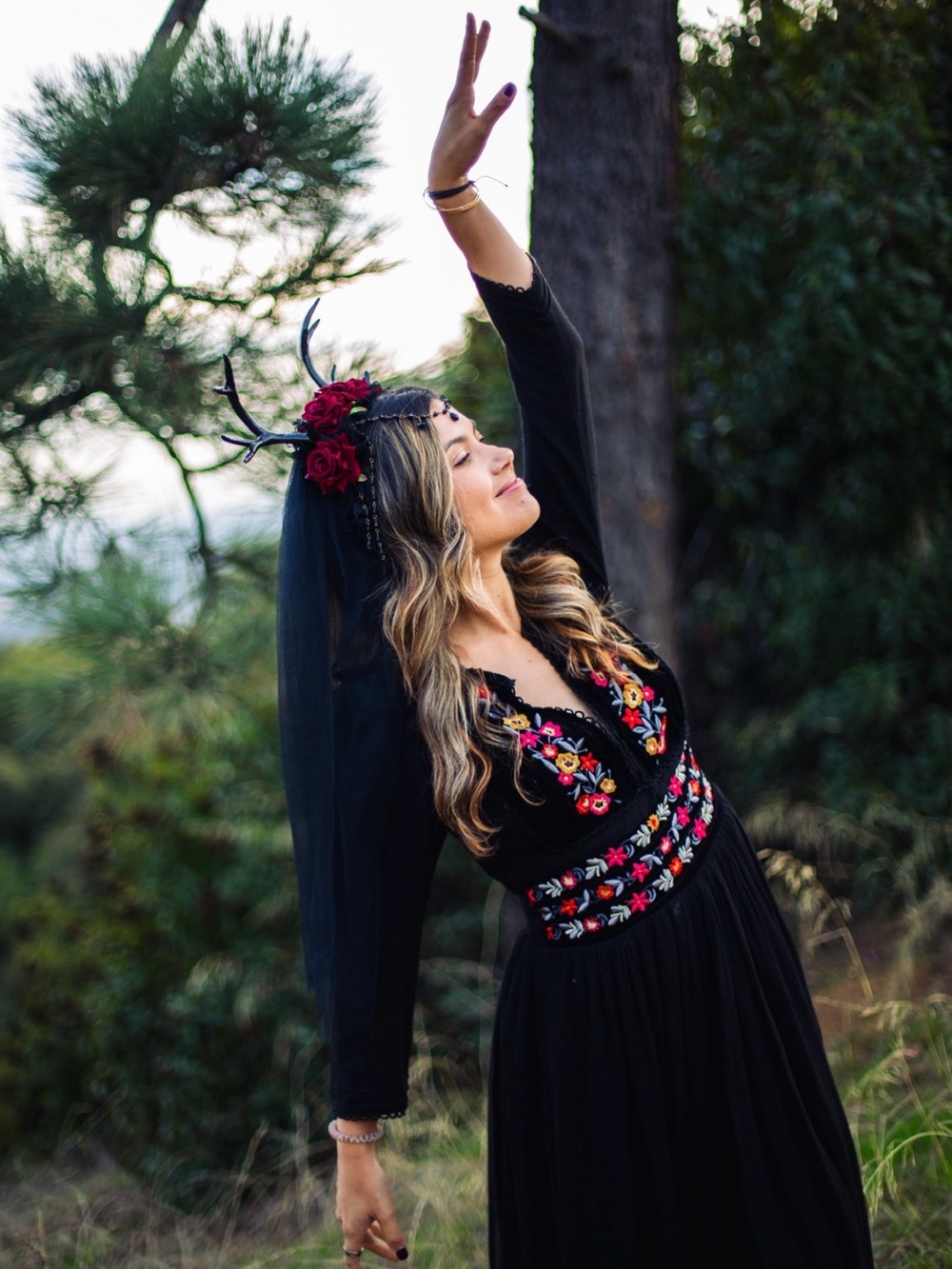 Free People Black Maxi Dress with Colorful Floral Embroidery